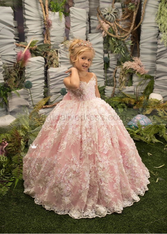 Ivory Lace Pink Tulle Floor Length Flower Girl Dress